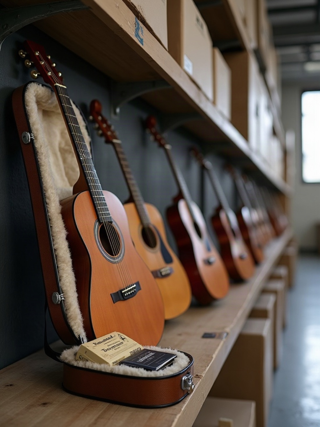 Acoustic guitar and open violin case on a shelf