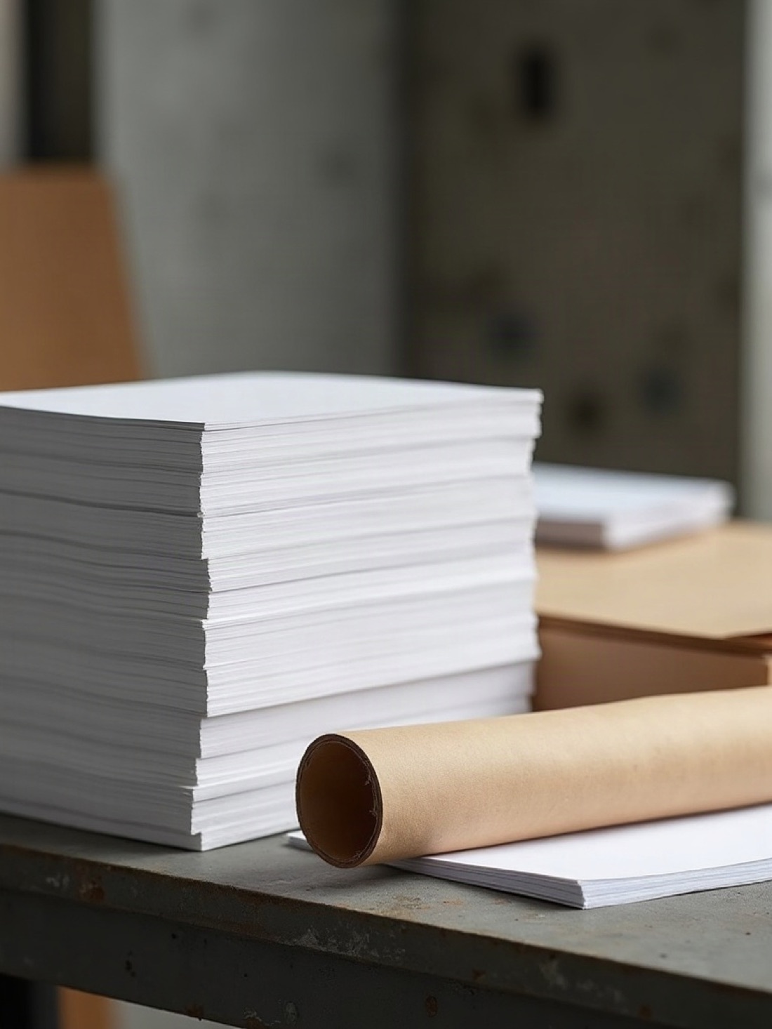 Stacked industrial paper reams and a kraft paper scroll on a steel table