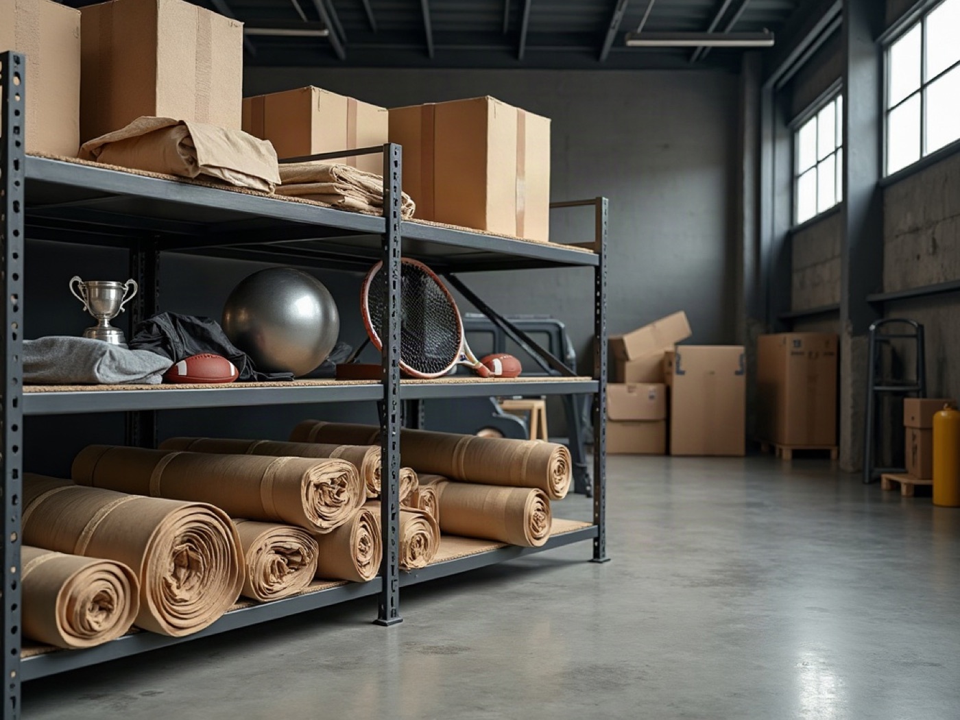Sports equipment on graphite warehouse shelves